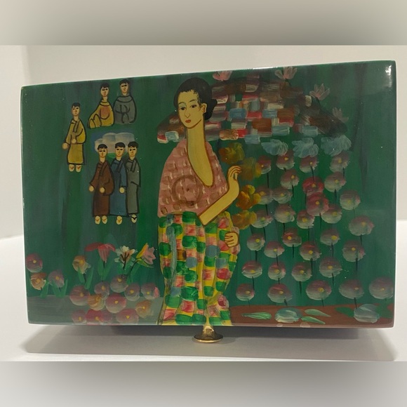 Asian Hand-Painted Lacquer Wood Box Jewelry Japanese Chinese Oriental Hinge Lid - Picture 14 of 16